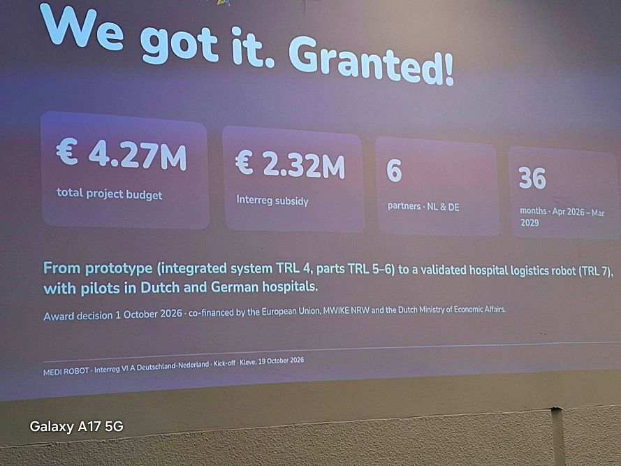 RFIDdirect's tweet photo. We're proud members of the consortium awarded a grant of EUR 2M for Project Medi Robot.
Aims: develop and validate autonomous robot systems for hospital internal transport in Dutch-German border; benefits include - free up time, mitigate staff shortages: https://t.co/uyXgF38S2l https://t.co/CKUy0G3ffk