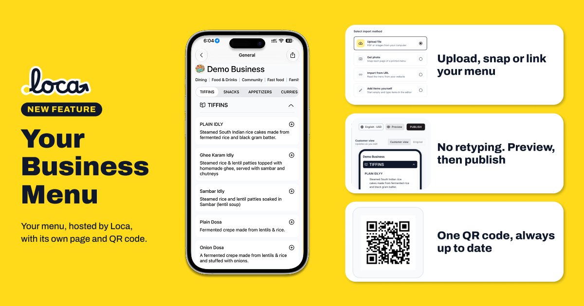loca4us's tweet photo. New on Loca 🤩: your menu, hosted for you.

Upload it, snap a photo, or paste a link. 
Preview, publish, done. 
One QR code that’s always up to date.

👉 https://t.co/uCynWZxpgi

#LocalBusiness #QRMenu #Loca https://t.co/w6JSKfYs9B