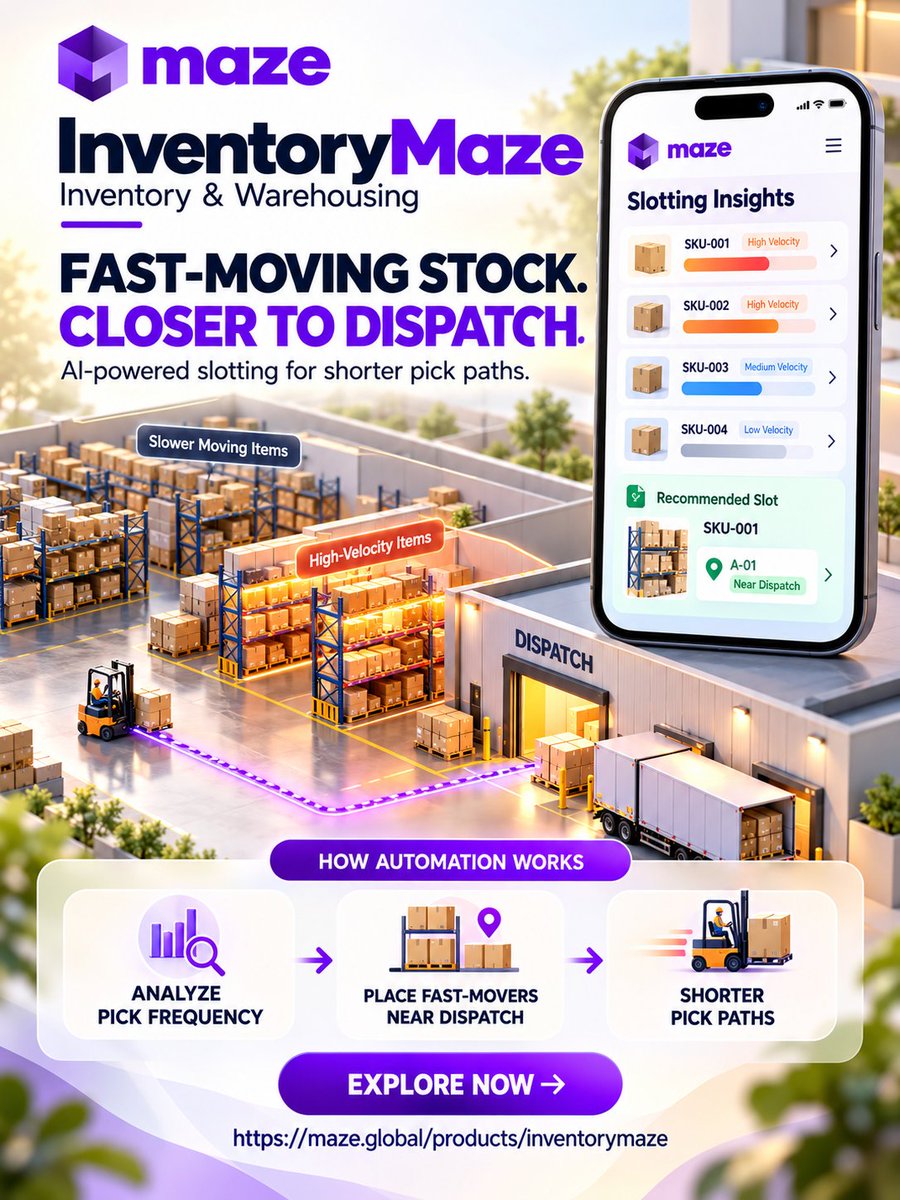 infomazeglobal's tweet photo. Shorter pick paths. Smarter warehouse flow. ๐ฆ AI-powered slotting positions fast-moving stock closer to dispatch.
Explore now: https://t.co/oBSEMEGDH7
#InventoryMaze #WarehouseTech #InventoryOptimization #SupplyChain #AI #MazeGlobal https://t.co/jAAOHMm8wi