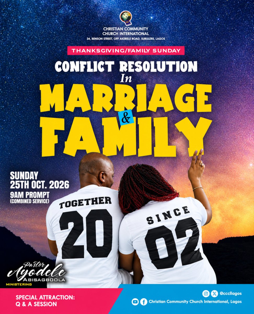 CCCILagos's tweet photo. It's Family Sunday/Thanksgiving at #CCCILagos

Every marriage and family faces disagreements, but how they are handled can make all the difference.

Join us this Thanksgiving Family Sunday as we explore Conflict Resolution in Marriage &amp; Family with Pastor Ayodele Abisagboola. https://t.co/vBn7IaQjl7