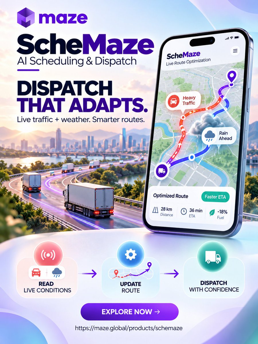 infomazeglobal's tweet photo. Traffic changes. Your routes should too. ๐ฃ๏ธ Use live traffic and weather conditions to adapt routes and dispatch smarter.
Explore now: https://t.co/oBSEMEGDH7
#ScheMaze #RouteOptimization #LogisticsTech #SmartDispatch #AI #MazeGlobal https://t.co/U6H7V5iym1