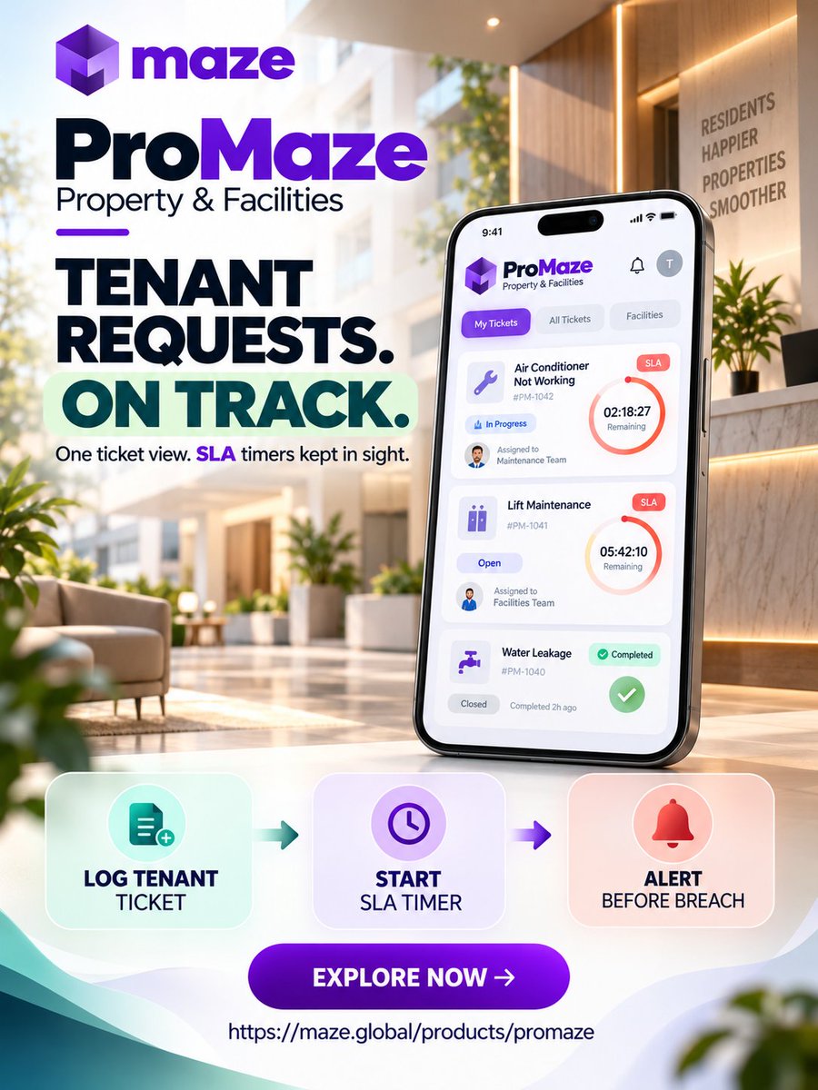 infomazeglobal's tweet photo. Tenant requests deserve timely action. ๐ข Track maintenance tickets, monitor SLA timers, and alert teams before deadlines are missed.
Explore now: https://t.co/oBSEMEGDH7
#ProMaze #FacilitiesManagement #PropertyTech #Maintenance #SLA #MazeGlobal https://t.co/cdhHg5VGS9