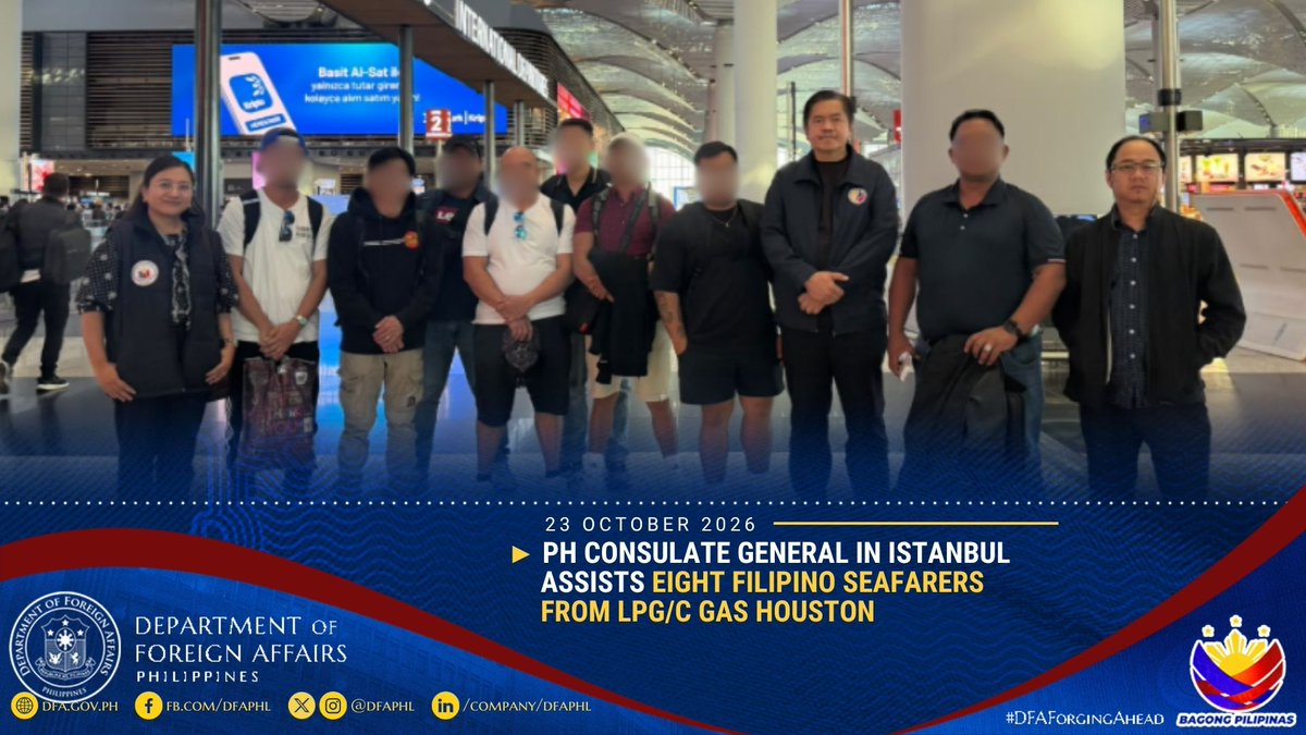DFAPHL's tweet photo. [1/2] The Philippine Consulate General in İstanbul composed of Vice Consul Maika Ros B. Fontelera (leftmost), MWO Lebanon Labor Attaché Adam Musa (3rd from the left), ATN Officer Herbert Bautista (rightmost), and Ms. Charisma Ganding, assist eight Filipino seafarers... https://t.co/C8i189uZEK