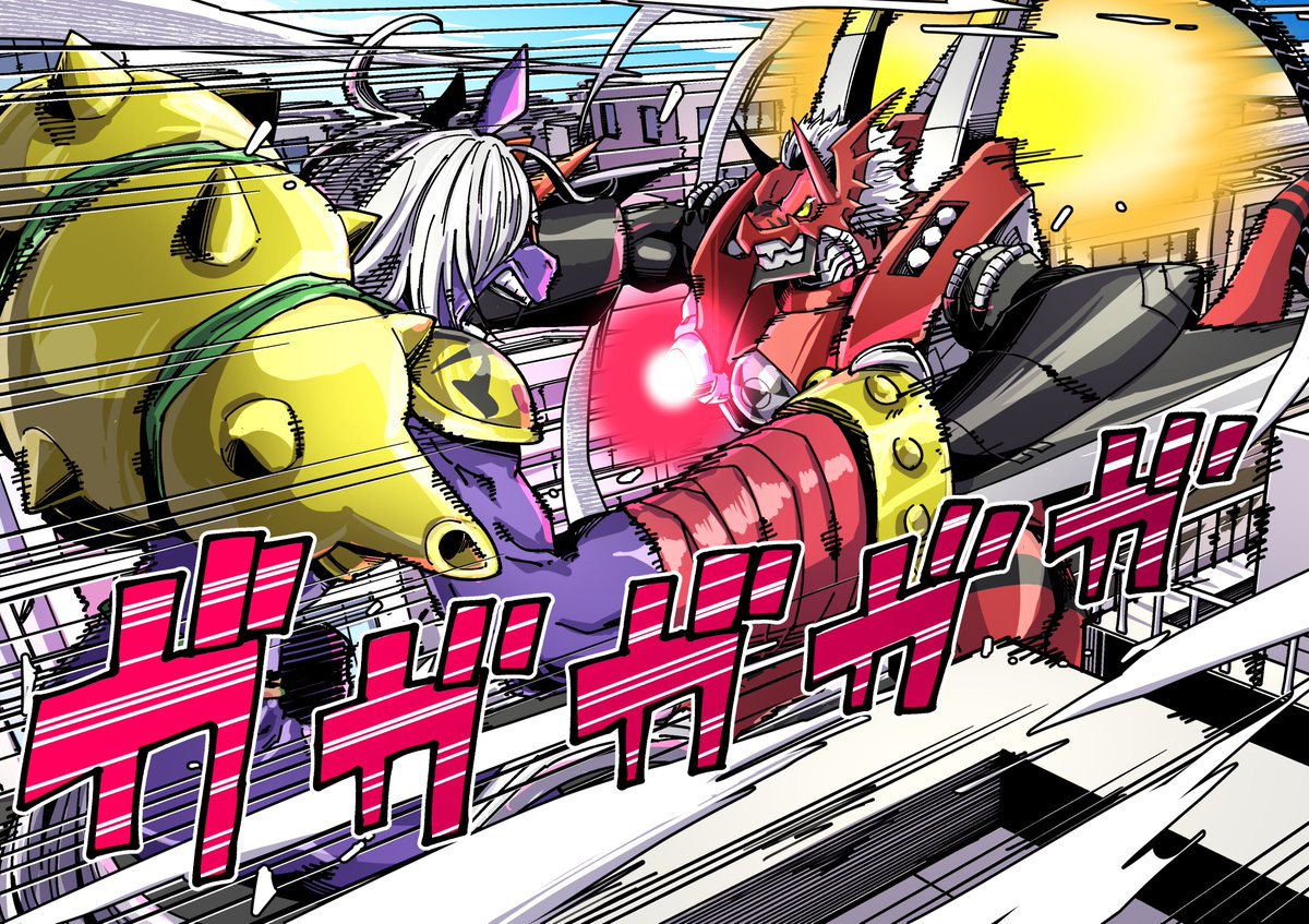 eikenkobayashi's tweet photo. メガログラウモンVSインダラモン🦖🐴

お題箱でインダラモンのリクエストを頂いていたので、テイマーズのワンシーンを描きました！
※だいぶ仕上げてからミスに気づいたので遅くなりましたm(_ _)m！

#デジモン #デジモンテイマーズ #digimon https://t.co/Z3QOzCZY4c