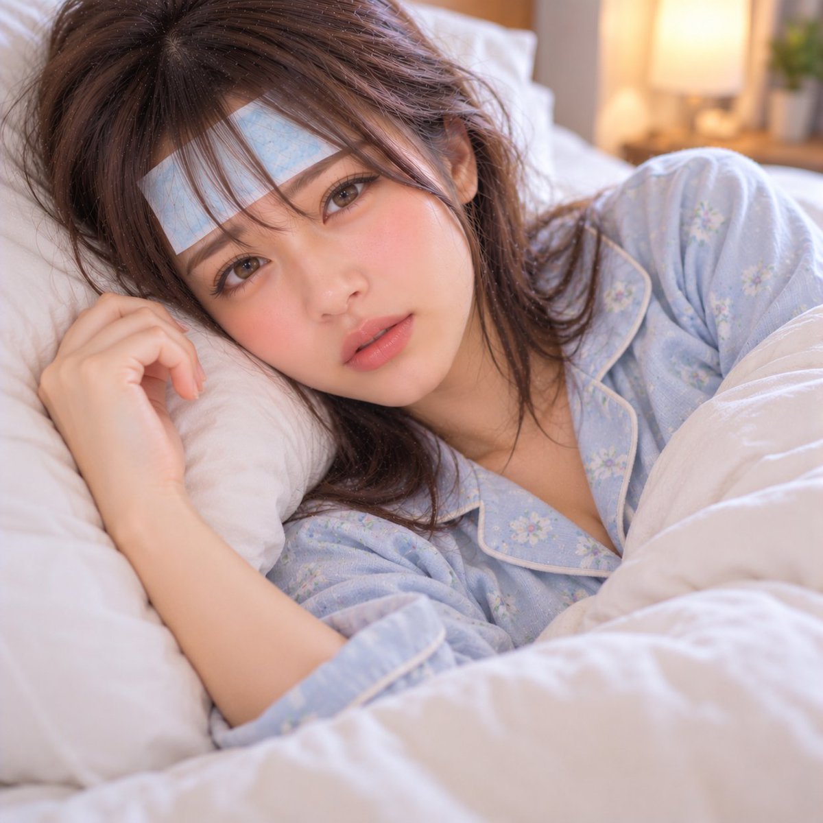NectarMonday's tweet photo. ちょっと熱っぽい夜、そばにいてくれたらうれしいかも…🥺🩵 
邪をひいたときって、誰かにやさしくされると、なんだか泣きそうになったりしない？

（この画像は生成AIで作成しました） https://t.co/VfM5h3nwZ4