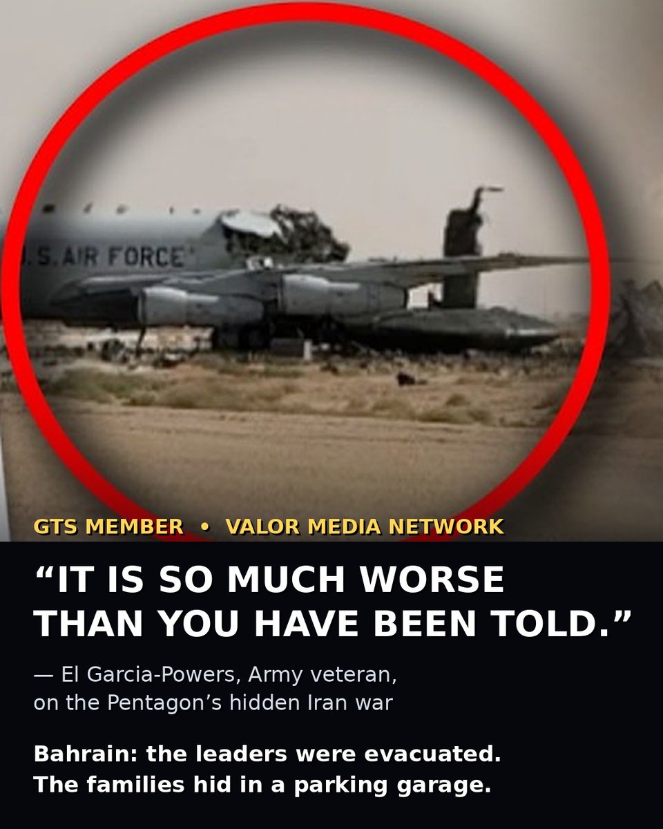 Statmonkey2360's tweet photo. GTS member El Garcia-Powers (Valor Media Network) on the hidden Iran war: in Bahrain, leaders were evacuated; their families hid in a parking garage as missiles came in. Troops who talk face UCMJ.

https://t.co/G1qko6ETGv
#Impeach #Remove #Convict https://t.co/AD5bSDEES9