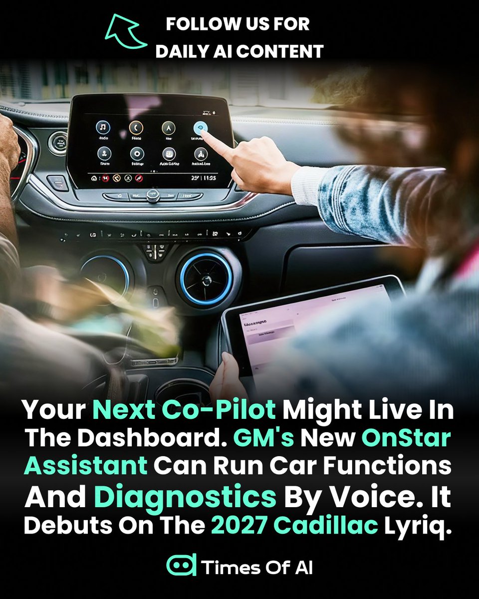 TimesOfAI_'s tweet photo. Would you let an AI agent control your car? 

@GM is rolling out an agentic @OnStar assistant that handles vehicle functions, diagnostics and voice questions. 
Is the car the next big home for AI agents? 

#TOAINews2026 #TimesofAI #AIAgents #AutoTech https://t.co/zUkXLEPBhw