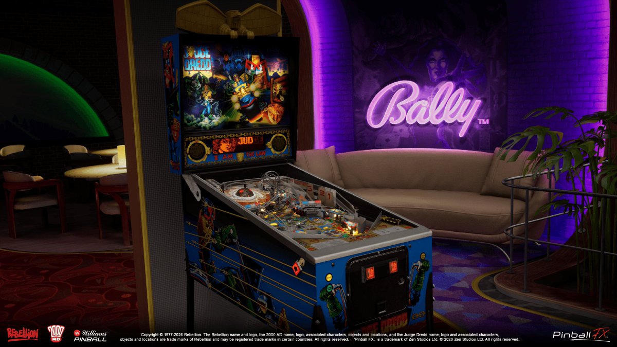 2000AD's tweet photo. Step into the dystopian streets of Mega-City One with Judge Dredd™, Bally’s pinball classic, now officially launched on PC and consoles! Get the Judge Dredd DLC for Pinball FX, Pinball FX Midnight or Pinball FX VR: https://t.co/a1cKD1N5Zj https://t.co/65LgusjEGI