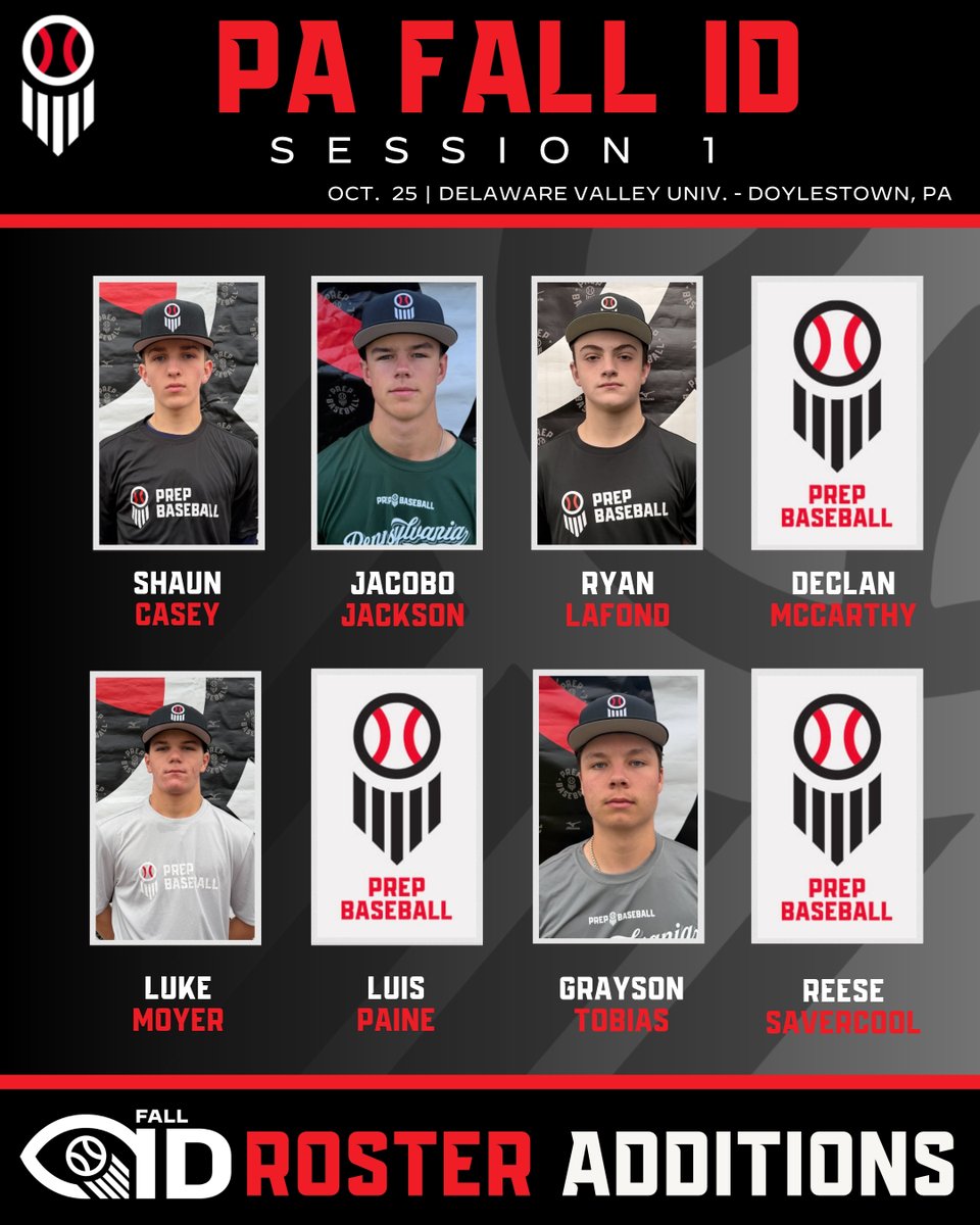 PrepBaseballPA's tweet photo. Please welcome the following players to our PA Fall ID (Session 1)💪

📆: October 25th, 2026
📍: Delaware Valley University - Doylestown, PA
🙋‍♂️: 2027-2030 grads

Registration closes tonight! 👇👇👇👇👇
🔗: https://t.co/FAii6ajX2e https://t.co/teOkjM8rig