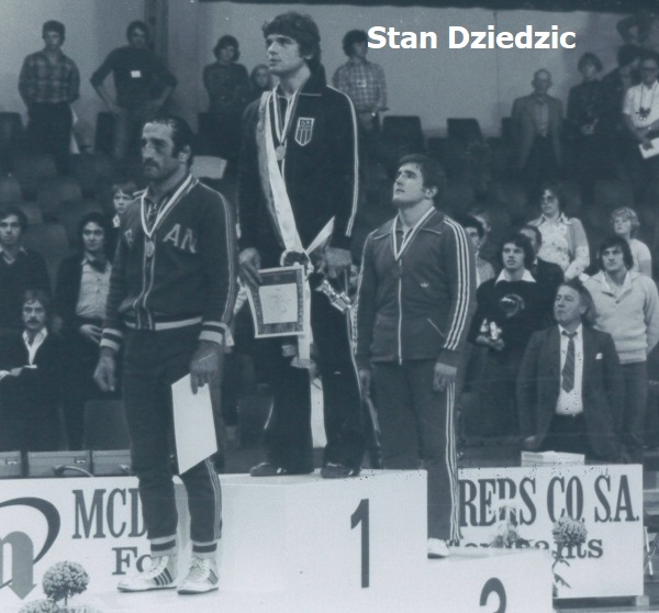 NWHOF's tweet photo. On October 23, 1977, USA Wrestling’s Stan Dziedzic wins gold, Jim Humphrey wins silver and Jack Reinwand wins bronze at the World Championships in Lausanne, Switzerland. https://t.co/bJDvilsEEA