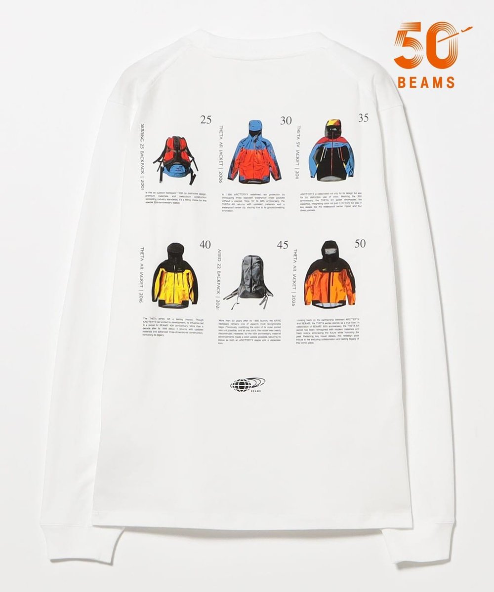 BEAMS_JP's tweet photo. 🏕️🎒════════════
【ARC’TERYX × BEAMS】✨
周年を祝うスペシャル別注！
════════════🏕️🎒

〈ARC'TERYX〉との協業25周年およびBEAMS 50周年を祝した注目の『Anniversary Collection』より、同デザインのウィメンズサイズが〈BEAMS BOY〉に入荷！🎁

バックプリントには〈BEAMS〉の25周年から50周年までの節目を彩ってきた6つの歴代アニバーサリープロダクトとストーリーをデザインした、25年の軌跡を象徴する特別な1着です📜

スタイリングの主役としてはもちろんコレクションとしても手に入れたい記念モデルを、ぜひ商品ページにてご覧ください👀👇
🔗https://t.co/DBbPnBAkwm