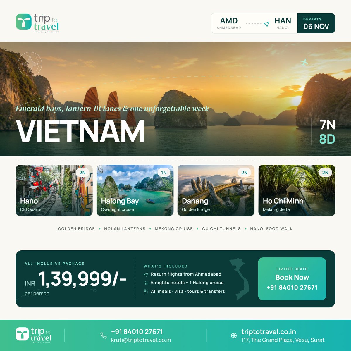 nipi_lemus's tweet photo. Vietnam in 7 nights: Hanoi, Halong Bay, Danang and Ho Chi Minh. Flights, hotels, meals, visa, tours and transfers included. From ₹1, 39, 999 per person. Departing Ahmedabad on 6 November. Limited seats. https://t.co/slMmPCmiAa