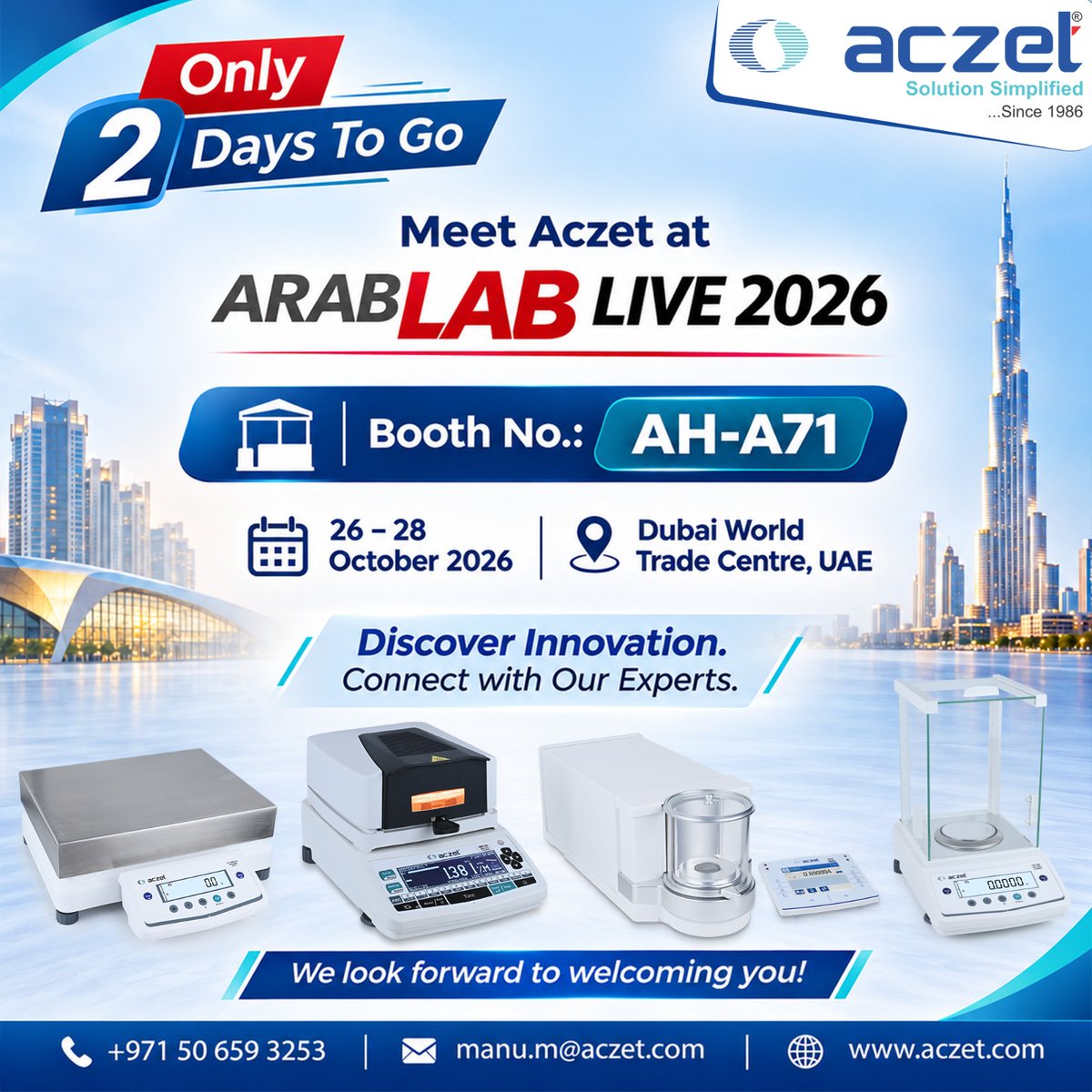 AczetLtd's tweet photo. 🚀 Just 2 Days to Go! 🔬

Discover precision, technology &amp; innovation with ACZET at ARABLABLIVE2026!

📍 AH-A71 | Dubai
📅 26–28 Oct

📞 +971 50 659 3253
📧 manu.m@aczet.com
🌐 https://t.co/SwvmlDcCPe

#ACZET #LabTech #DubaiExhibition #LaboratorySolutions #PrecisionTechnology https://t.co/w8VNg1bXhy