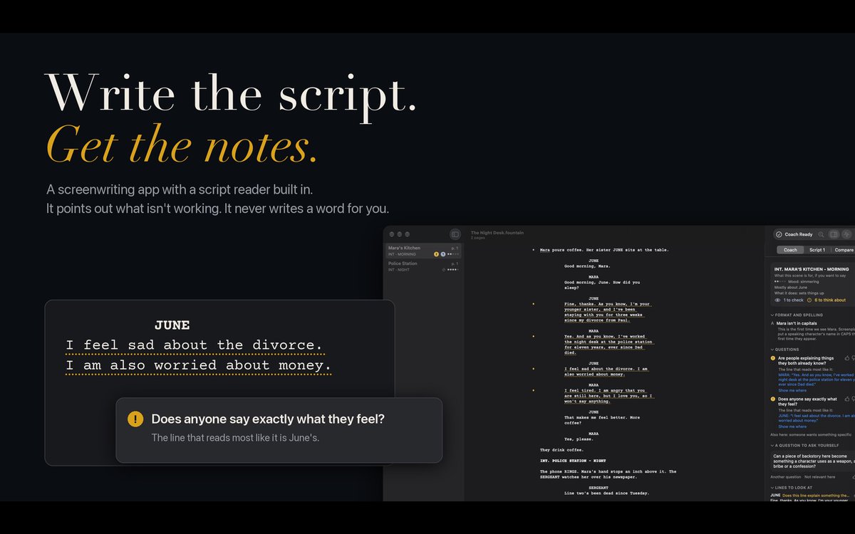 InsaniaLabs's tweet photo. The first draft stays yours. Ghostless formats your screenplay on Mac, keeps snapshots to compare drafts, and offers an optional reader that points out continuity slips and missing payoffs when you ask. https://t.co/r56gTXMTfX #Screenwriting https://t.co/6jx8phQ3cm
