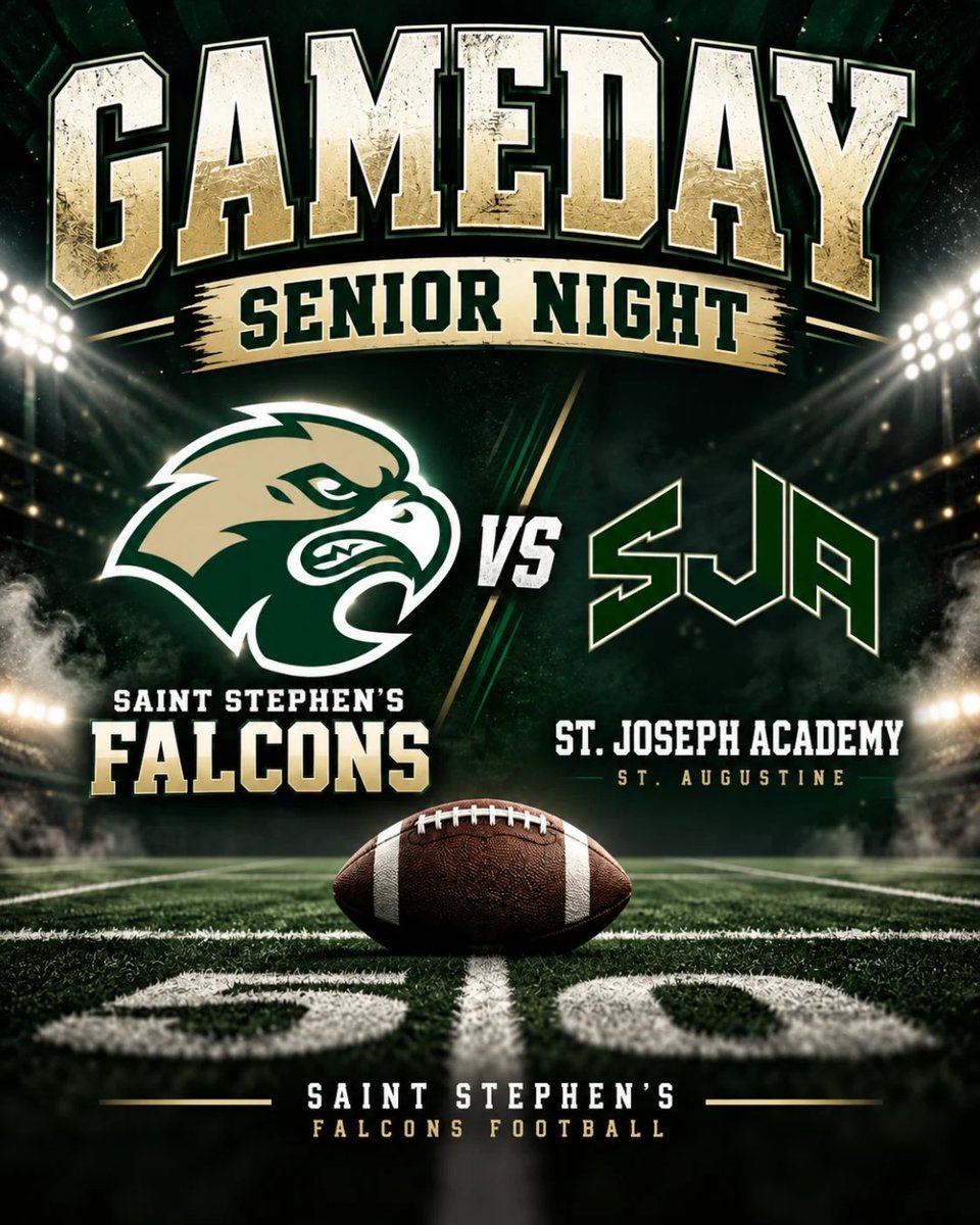 SSESFootball's tweet photo. GAMEDAY | SENIOR NIGHT

The Falcons are back home tonight as we take on St. Joseph Academy (St. Augustine) at 7:00 PM!

Tonight, we recognize our football seniors for their hard work, dedication, and contributions to the program throughout their time at Saint Stephen’s. https://t.co/gGCovqmeFV