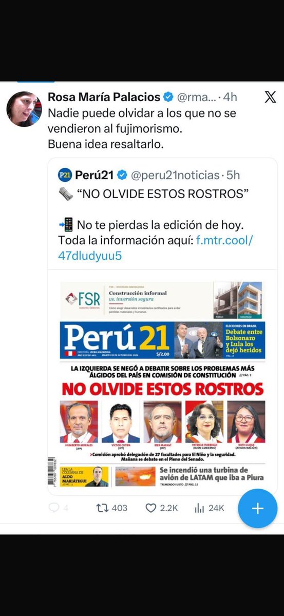 warriorperuvian's tweet photo. Ricardo Belmont y Cecilia Valenzuela (Perú21) le recuerdan su pasado Fujimorista a Rosa María Palacios. https://t.co/ZLpFG129hI