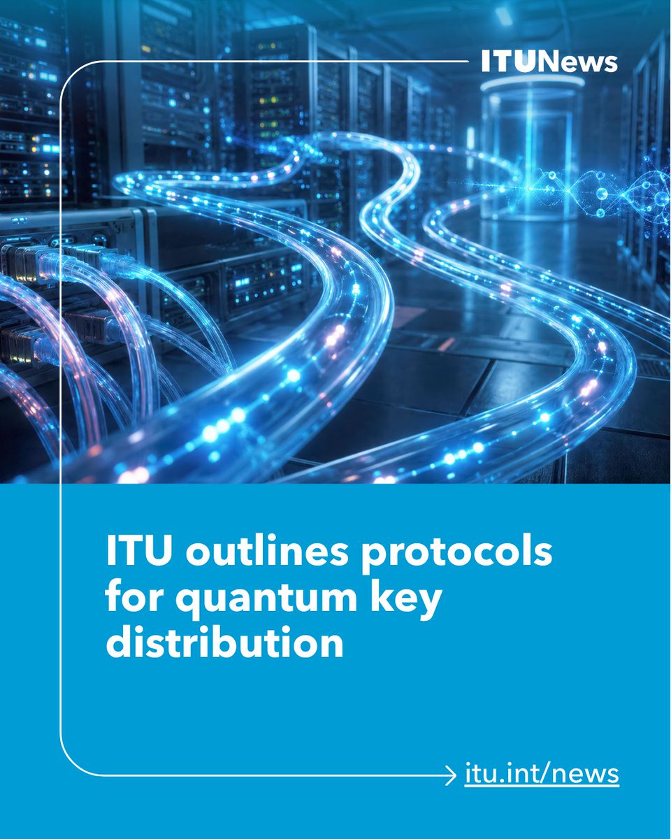 ITU's tweet photo. How do we future-proof secure communications against emerging threats? A new @ITU standard provides guidance on protocols for quantum key distribution (QKD), enabling secure encryption as quantum technologies outstrip today's cryptography. https://t.co/ATt9GOU82a https://t.co/bDVq0eyKFq