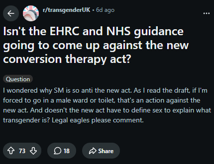 CConcern's tweet photo. The trans subreddit is wondering whether single-sex spaces are conversion therapy.

It's hard to blame them, given how absurd the government's draft conversion practices bill is.

When will Labour realise that this is a dangerous waste of time? https://t.co/1UuZgS0gXA
