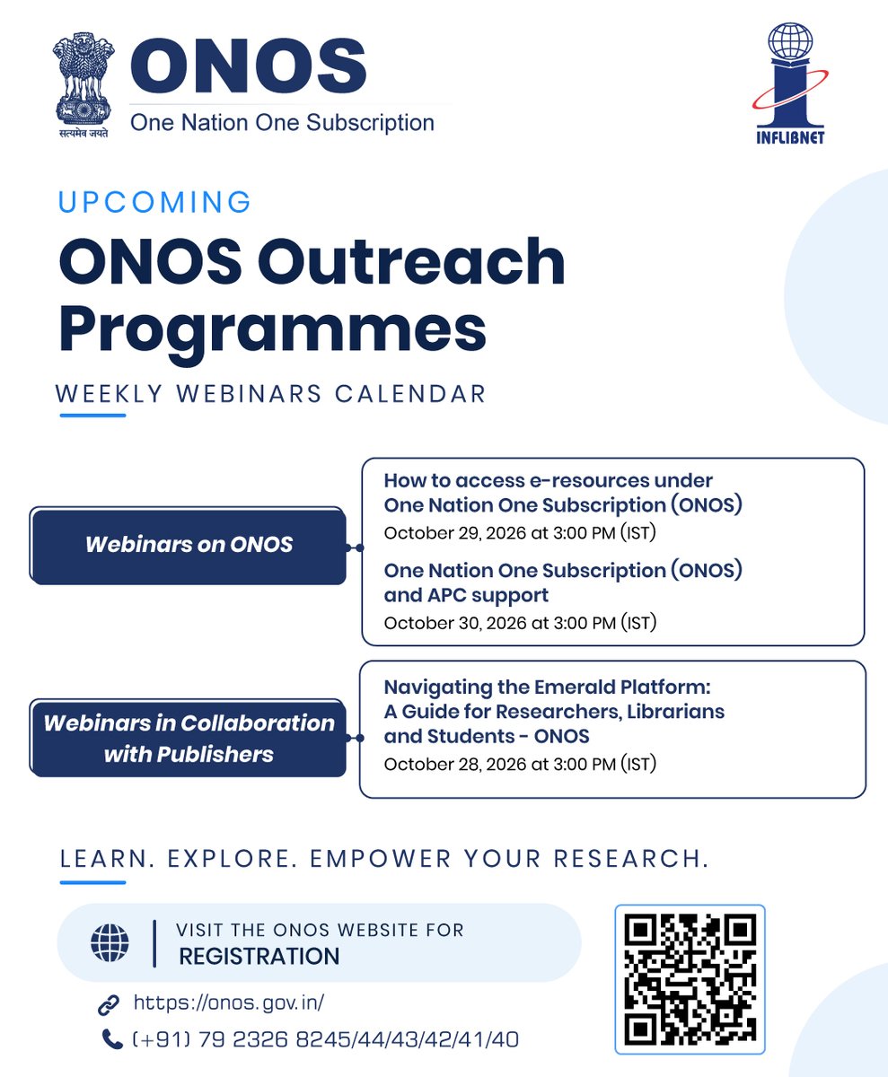 INFLIBNET's tweet photo. Expand Your Research Horizons with ONOS.
Register for the ONOS Outreach Webinar Series

#ONOS #OneNationOneSubscription #INFLIBNET #APCSupport #ONOS #OneNationOneSubscription #INFLIBNET #HigherEducation #ScholarlyCommunication #Research #AwarenessProgramme #ONOSoutreach https://t.co/aEL5FaY3p6