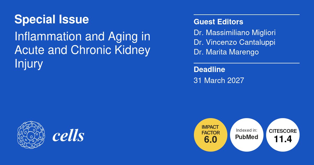 Cells_MDPI's tweet photo. 🎉 Good news! 👏 The submission deadline for this Special Issue "Inflammation and Aging in Acute and Chronic Kidney Injury" has been extended! 

👉 Submit your paper: https://t.co/eWTyIAevM4 https://t.co/pjjYjvtGAv
