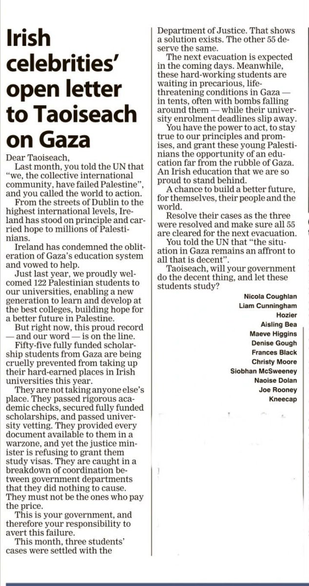 ipsc48's tweet photo. Important letter in today's Irish Examiner calling on the Irish government to overturn the refusal of visas to the students from Gaza. #LetThemStudy 

"Taoiseach, will your Government do the decent thing, and let these students study?" https://t.co/nbEEuUTO46