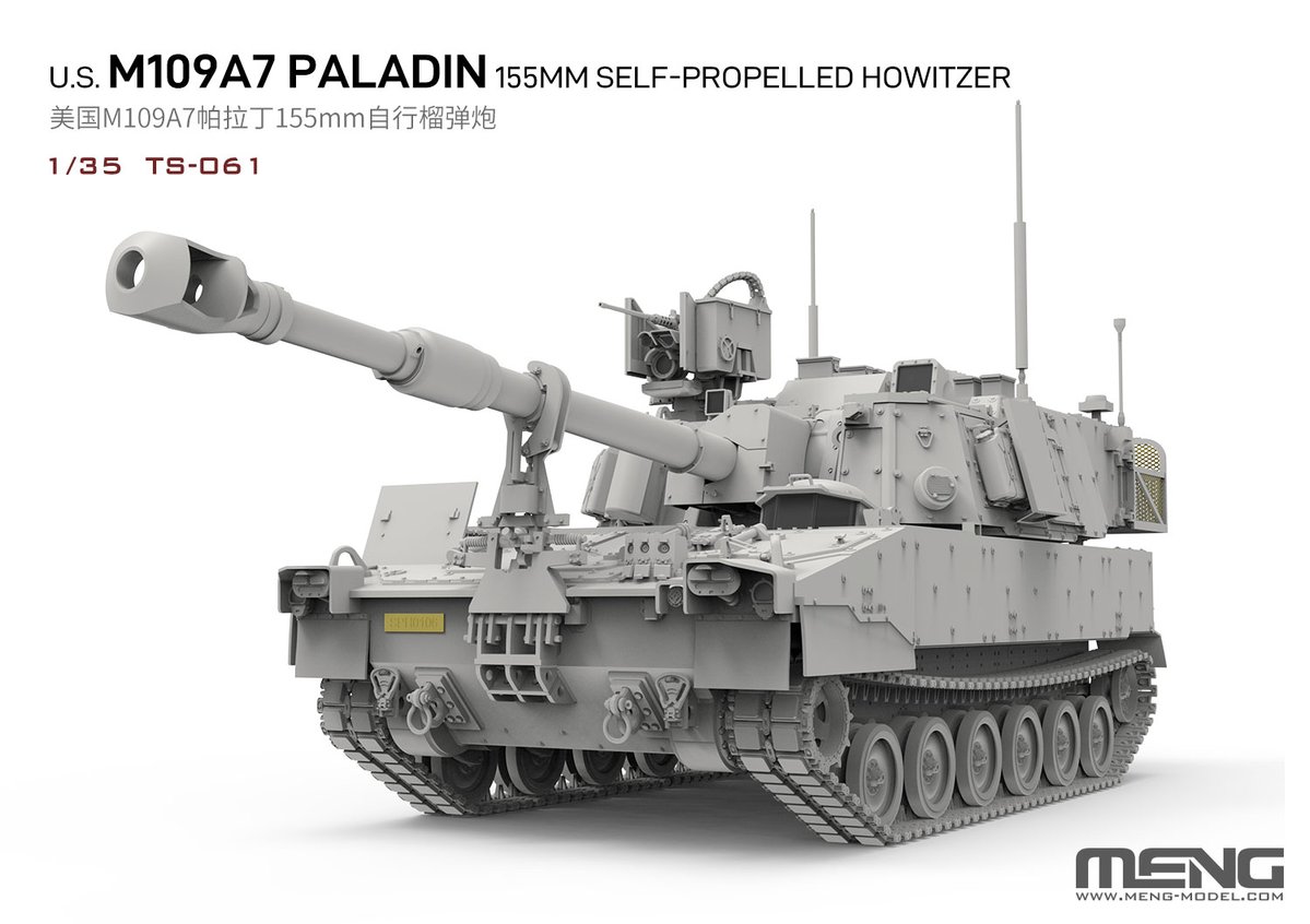 MengModel's tweet photo. TS-061 1/35 アメリカ M109A7 パラディン 155mm自走榴弾砲

・アメリカ M109A7 パラディン 155mm自走榴弾砲の迫力ある外観を忠実に再現しています。
・砲砲塔後部のバスケットグリルは、精密なエッチングパーツで再現されています。
・専用の履帯組み立て治具が付属し、簡単に組み立てられます。 https://t.co/t6EcjHIP5w