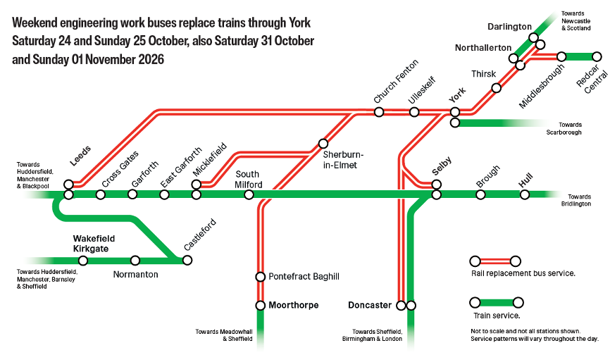 TPExpressTrains's tweet photo. Transpennine Route Upgrade and East Coast Main Line Engineering: Saturday 24 and Sunday 25 October:
We’re upgrading the Transpennine Route to deliver a faster, more reliable, and more sustainable railway across the North. While some disruption is needed now, these improvements will mean better journeys for decades to come.
 
Trains will still be running, but some journeys will require travel on a replacement bus.
 
The railway will be closed between Leeds and York for the Transpennine Route Upgrade. The lines from Doncaster and York towards Northallerton and Middlesbrough will also be closed for East Coast Main Line engineering work.

Replacement bus services:
Leeds – York: direct
Leeds – Darlington: direct
Poppleton – York: direct
Micklefield – York: calling at Sherburn-in-Elmet, Church Fenton and Ulleskelf
Moorthorpe – York: calling at Pontefract Baghill, Sherburn-in-Elmet, Church Fenton and Ulleskelf (Saturday only)
Doncaster – Darlington: direct
Selby – York: direct
York – Darlington: direct
York – Middlesbrough: calling at Thirsk, Northallerton, Yarm, Eaglescliffe and Thornaby
