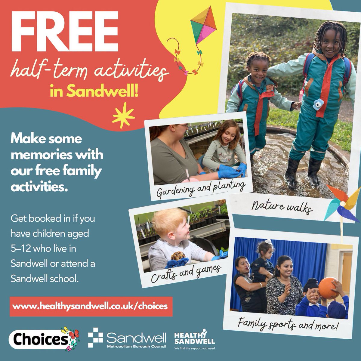 sandwellcouncil's tweet photo. 🍂 Swap screen time for some family time this half-term!

Join Choices for fun-filled activities including gardening, nature walks, sports and creative crafts. It's a great way to get active, explore the outdoors and make memories together. https://t.co/vY5uwjZuQM