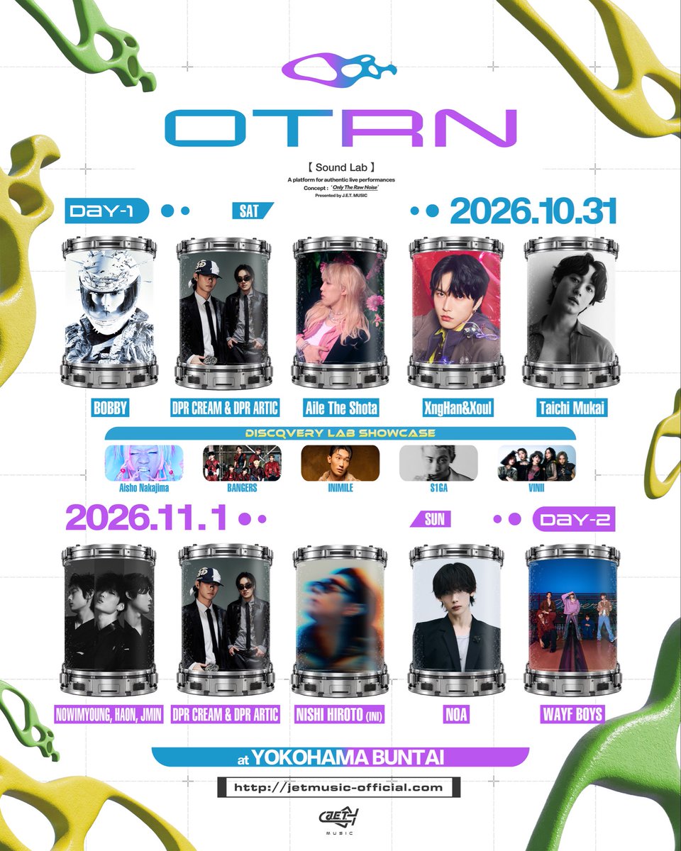 JETMUSIC_tokyo's tweet photo. TIMETABLE公開！⏱️🪐

いよいよ来週末です！！！🗓️💨

OTRN [Sound Lab]
DAY1・DAY2のタイムテーブルを公開！🚀

それぞれの個性と表現が交わる2日間。
気になるステージをチェックして、当日の楽しみを膨らませよう！🔬✨

━━━━━━━━━━━━━━
OTRN [Sound Lab]
📍 YOKOHAMA BUNTAI

【DAY1｜2026年10月31日(土)】
OPEN 15:15 / START 16:00

〈LINE-UP〉
BOBBY
DPR CREAM & DPR ARTIC
Aile The Shota
XngHan&Xoul
向井太一

└〈DISCOVERY LAB SHOWCASE(FRONT ACT)〉
　Aisho Nakajima
　BANGERS
　INIMILE
　S1GA
　VINII

──────────────
【DAY2｜2026年11月1日(日)】
OPEN 14:00 / START 15:00

〈LINE-UP〉
HAON, JMIN, NOWIMYOUNG
DPR CREAM & DPR ARTIC
西洸人(INI)
NOA
WAYF BOYS

━━━━━━━━━━━━━━

わざわざ同じ時間、同じ場所に集まり、全身で感じる「生」のライブ。

その体験価値をあらためて追求するプロジェクト、
OTRN（オートロン） — Only The Raw Noise。

4度目の開催となる今回、OTRNが掲げるテーマは「Sound Lab」。

音楽を起点に、表現と出会いの可能性を探る。
アーティストと観客がともにつくる、体験型実験室。

LAB FOR ARTISTS.
LAB FOR FANS.

巻き戻しも、編集もできない、その瞬間、その場で起こる現象に遭遇しよう！

━━━━━━━━━━━━━━
🌐公演詳細は公式サイトへ！
https://t.co/KEr0Icm9Al

🎟️チケット
https://t.co/kpYF2C8DFy

🎫INBOUND TICKET
https://t.co/9kYYP6LB2D

#OTRN #OTRNsoundlab