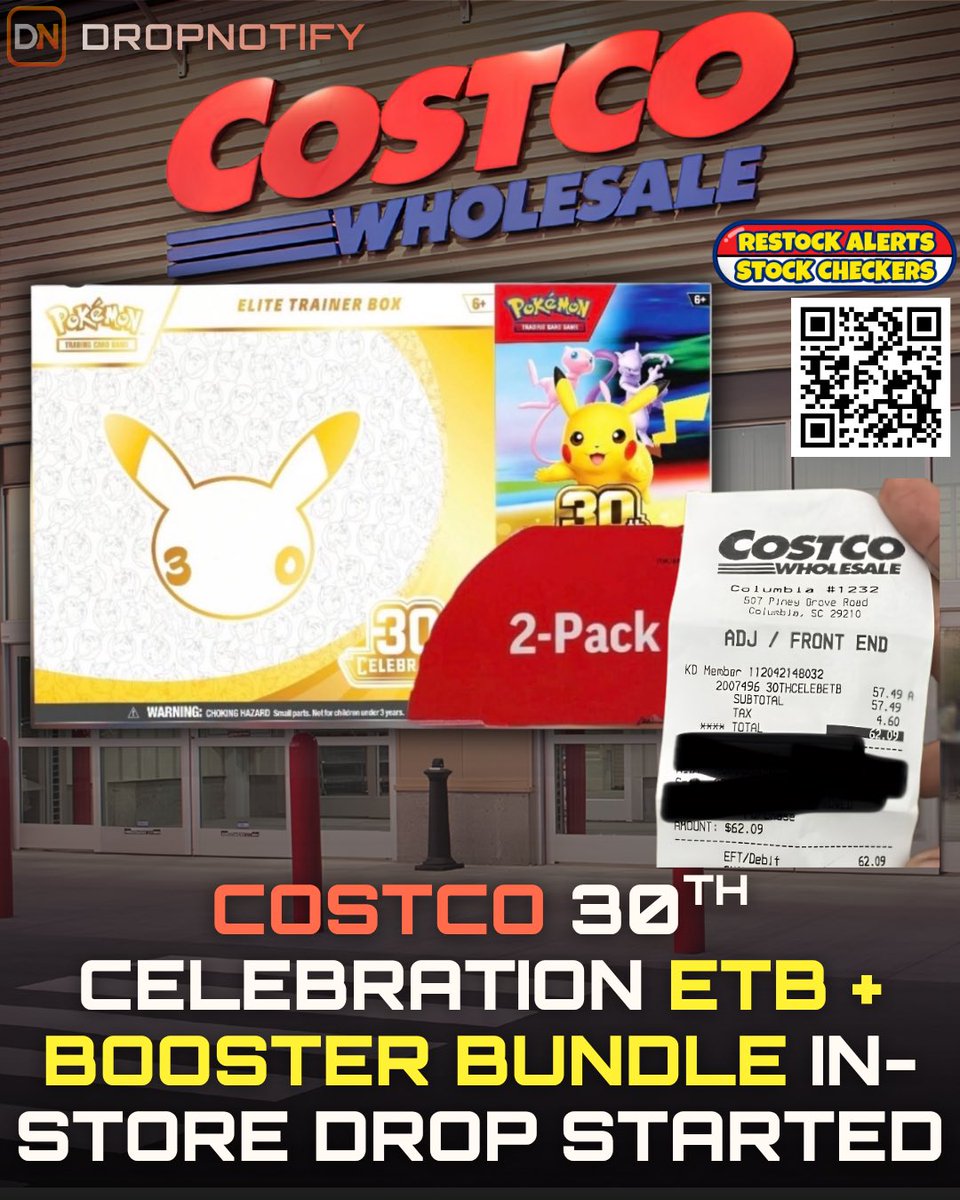 Drop_Notify's tweet photo. 🚨 COSTCO POKÉMON 30TH IN-STORE DROP HAS STARTED!

30th Celebration ETB + Booster Bundle — $57.49. Some warehouses reportedly began selling last night!

🔎 Join our Pokémon Restock Community for Costco in-store stock checkers, instant online drop alerts & regional collector chats:
https://t.co/4SaYY9DbJs

📍 Most reported stock is in California’s LA/Bay Area, plus a handful of MD/SE warehouses.

🏷️ Item #2007496

⚠️ Showing “On Order”? Some warehouses have received inventory before their status updated. Our data refreshes every morning—it may still be worth checking locally.

📦 Regional projections:
• West: 127K–191K
• Mountain: 22K–34K
• Midwest: 78K–119K
• South: 131K–197K
• Northeast: 92K–140K
• Canada: 40K–61K

Projected units—not stock available today. Estimates may increase.

#PokemonTCG #Costco #PokemonRestock #PokemonDeals