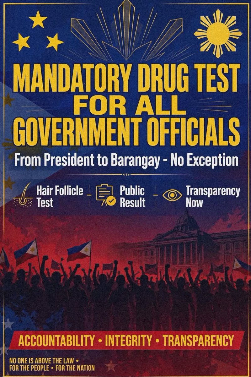 missjilliam's tweet photo. Kung walang tinatago, bakit takot sa dr*g test? Kung required ang drug test sa ordinaryong manggagawa—janitor, rider, guard, at call center agent, bakit hindi required sa mga opisyal na humahawak ng bilyon at desisyon para sa bansa? https://t.co/svK1po9MMV