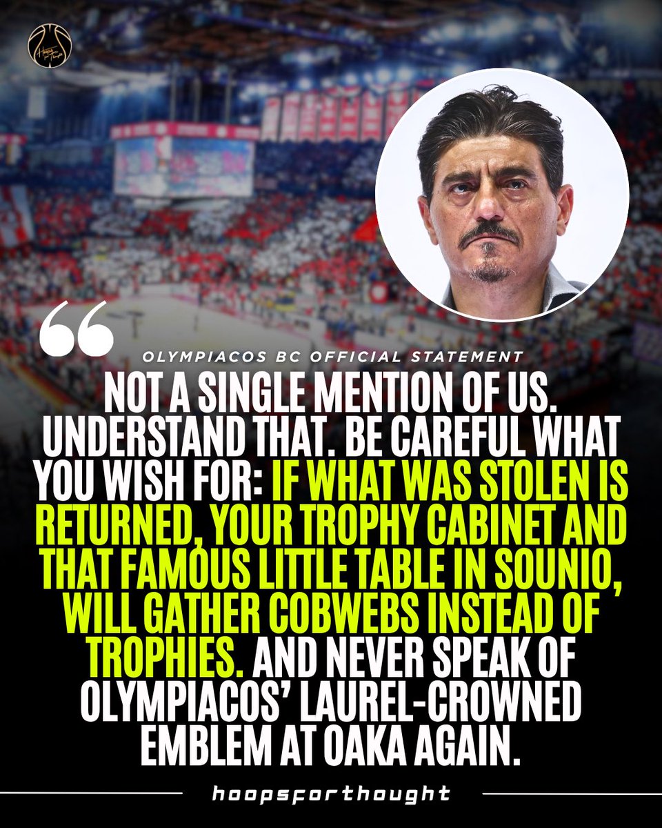 hoopsfthoughtgr's tweet photo. Olympiacos BC Official Statement👀

Having learned that the current owner of Panathinaikos BC is desperately looking for us, we would like to make it clear that he will find no allies in his campaign for 100–0 refereeing in Panathinaikos’ favour. For years, we have been fighting our own, genuine battle for a 50–50 standard of officiating. And we will see it through to the end.

In the past few hours, with his trademark lack of restraint, he has rushed to link our club and its people to an ongoing investigation with which we have absolutely no connection. He has even publicly boasted that he knew about it in advance. Since he claims to have full knowledge of this confidential process, did nobody tell him that we have nothing to do with it? That there is not a single mention of us? Or would that simply not serve the media spectacle he has staged at the expense of Olympiacos BC?

We do not play judge on Instagram or from behind a keyboard.

We have nothing and nobody to fear.

And as he already knows firsthand, any attempt to harm our club will be met, once again, with an overwhelming response. We only hope that, when he is convicted again, no tailor-made provision will appear once more to keep him at the helm of the club.

And one piece of advice: be careful what you wish for. Because if what was truly stolen is returned, your team’s trophy cabinet and that famous little table in Sounio will be covered in cobwebs instead of trophies.

P.S. Stop posting and deleting. Everything has been documented, and you will have to provide convincing explanations.

P.S. 2 Do not ever speak again of the laurel-crowned teenage Olympiacos emblem that adorned the entire OAKA in May.

P.S. 3 Everything in due time.

#olympiacosbc #paobc #euroleague #greece