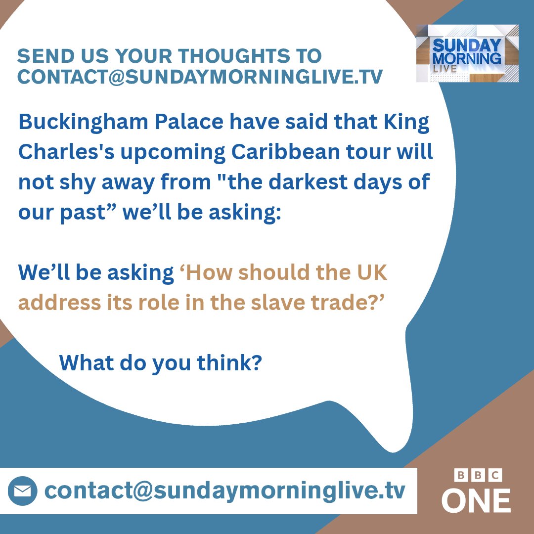 bbcsml's tweet photo. Buckingham Palace have said that King Charles's upcoming Caribbean tour will not shy away from "the darkest days of our past” we’ll be asking ‘How should the UK address its role in the slave trade?’ Let us know your views https://t.co/FKgkIlhpiP