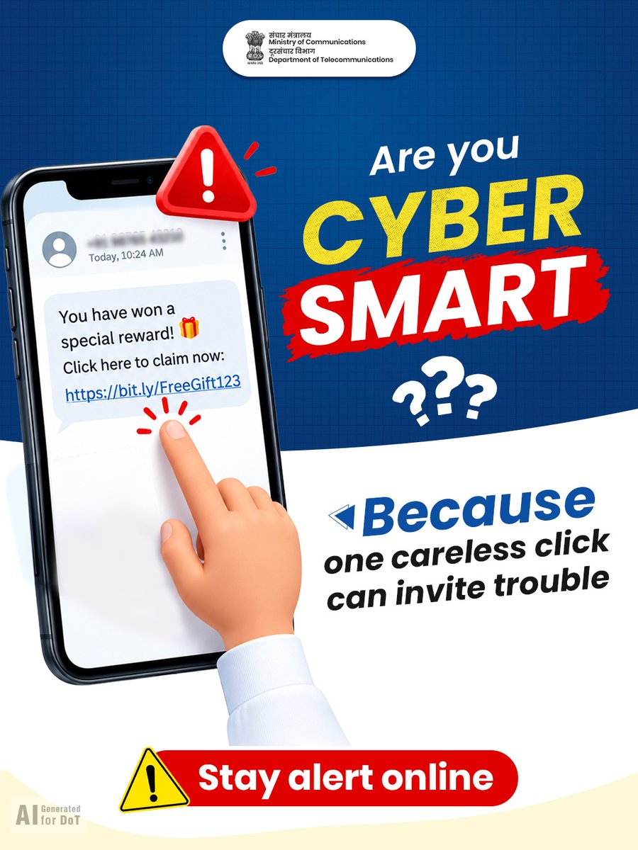 DoT_India's tweet photo. Are you cyber smart enough to spot an online scam before it’s too late?

Let us know in the comment section! 

#CyberSmart #CyberSafety #OnlineSafety #StayAlert 

@JM_Scindia @PemmasaniOnX @PIB_India  @pib_comm  @DDNewslive https://t.co/M2hjtl8KQ8