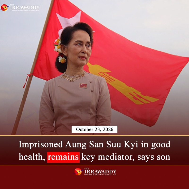 IrrawaddyNews's tweet photo. Aung San Suu Kyi’s son says the 81-year-old jailed civilian leader remains in good health despite suffering tendonitis. Voicing hope for her release, he emphasized her role as potential mediator in Myanmar’s crisis. 

#WhatsHappeningInMyanmar https://t.co/ZI9prNxDWI