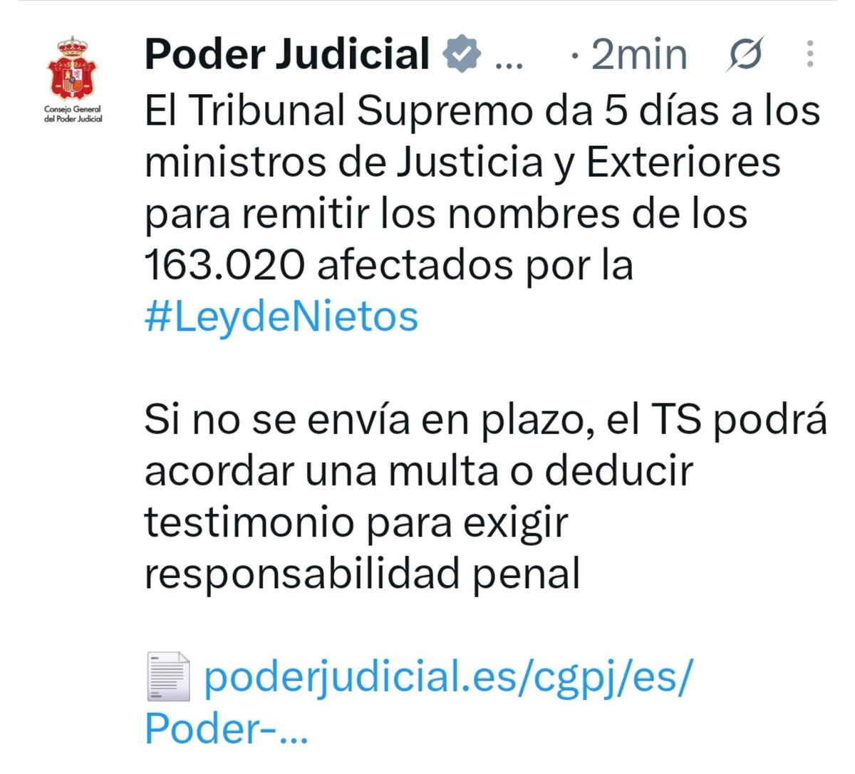 Proserpinasb's tweet photo. No somos conscientes de la gravedad democrática de esto. Que el Tribunal Supremo tenga que dar un ultimátum de 5 días a dos ministros (Justicia y Exteriores) bajo la amenaza de multas coercitivas y de deducir testimonio por desobediencia es una auténtica anomalía institucional.

El día 29N también votamos por recuperar el respeto a la separación de poderes