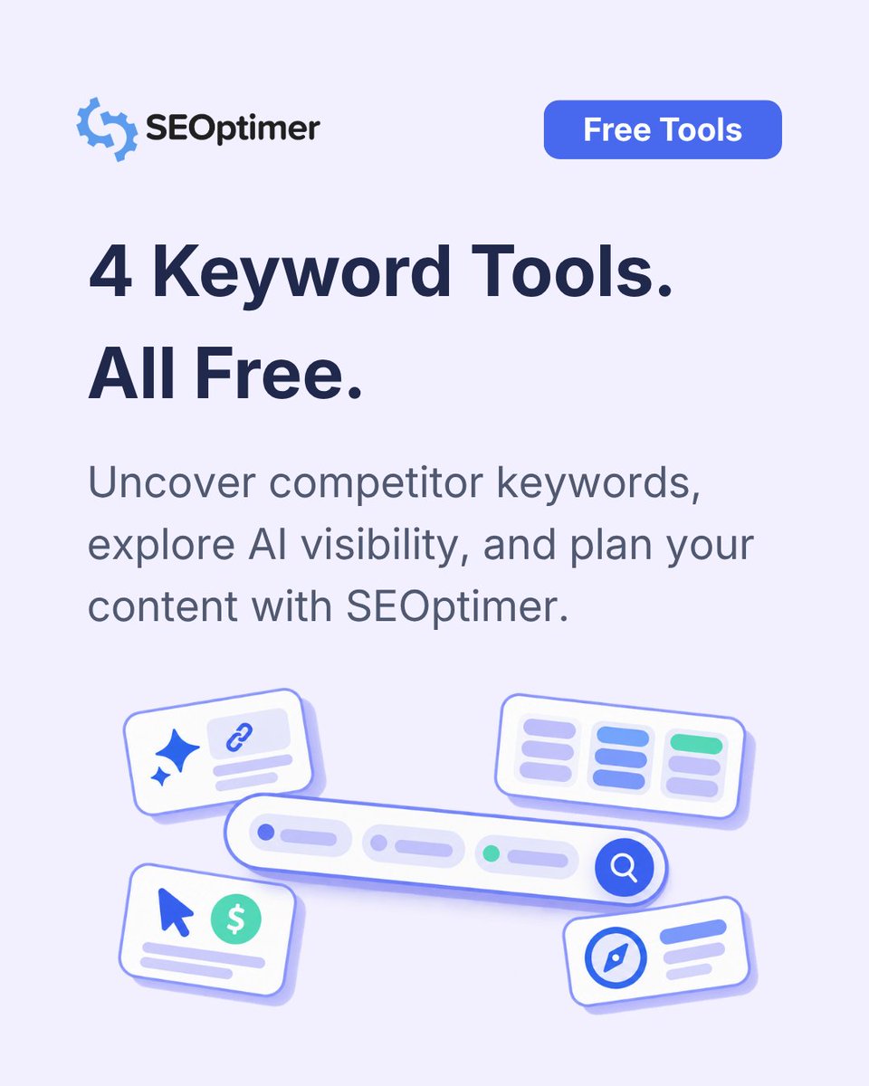 seoptimer's tweet photo. Four free keyword tools worth adding to your workflow 🔎

Explore your AI Overview citations, organize keyword lists, research competitor ad keywords, and understand search intent

Here’s what you can do with each 🧵👇 https://t.co/kUTDYiY7sZ