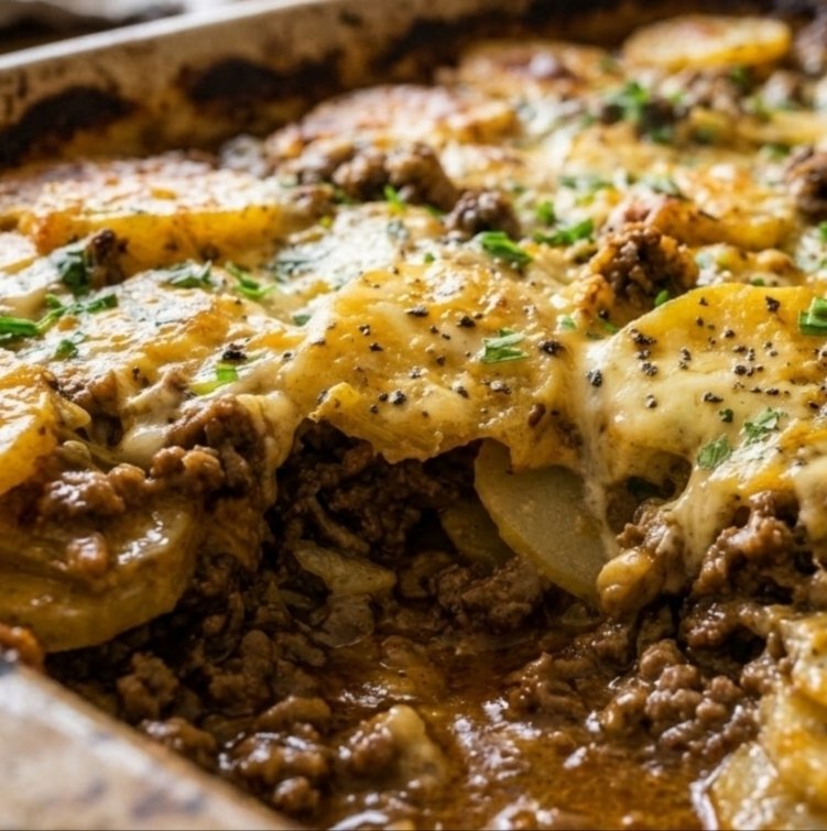 SpoonandSoul's tweet photo. SAVORY BEEF & POTATO GRATIN WITH GOLDEN CHEESE CRUST 🥩🥔🧀
"Cheesy, hearty comfort in every bite"

Servs: 4–6 people
 Ingredients 
 For the Beef Filling:
500 g ground beef
1 medium onion, finely chopped
3 garlic cloves, minced
1 tbsp olive oil
1 tbsp tomato paste
1 tsp paprika
1 tsp dried thyme
½ tsp dried rosemary
½ tsp black pepper
Salt, to taste
½ cup beef broth
1 tsp Worcestershire sauce 

For the Potato Layers:
800 g potatoes, peeled and thinly sliced
1 tbsp butter, for greasing the baking dish

For the Creamy Cheese Sauce:
2 tbsp butter
2 tbsp all-purpose flour
1½ cups milk
½ cup heavy cream
1 cup grated cheddar cheese
½ cup grated mozzarella cheese
A pinch of nutmeg
Salt and black pepper, to taste

 For Garnishing:
2 tbsp fresh parsley or chives, chopped
A little extra grated cheese

 Instructions 
1. Prepare the Beef Filling:
Heat olive oil in a large skillet over medium heat. Add the chopped onion and sauté for 3–4 minutes until softened. Stir in the minced garlic and cook for another 30 seconds.
Add the ground beef and cook until browned, breaking it apart with a wooden spoon. Drain excess fat if necessary. Stir in the tomato paste, paprika, thyme, rosemary, salt, and black pepper.
Pour in the beef broth and Worcestershire sauce. Simmer for 5–7 minutes until the mixture becomes rich and slightly thickened. Remove from the heat.
2. Make the Creamy Cheese Sauce:
Melt the butter in a saucepan over medium-low heat. Whisk in the flour and cook for about 1 minute without allowing it to brown.
Gradually pour in the milk, whisking continuously to prevent lumps. Add the cream and simmer gently for 3–5 minutes until the sauce thickens.
Reduce the heat and stir in the cheddar, mozzarella, nutmeg, salt, and black pepper. Mix until smooth and creamy.
3. Prepare the Potatoes:
Preheat the oven to 180°C (350°F). Lightly grease a deep baking dish with butter.
Peel the potatoes and slice them thinly and evenly, approximately 3 mm thick, to help them cook uniformly.
4. Assemble the Gratin:
Arrange a layer of sliced potatoes across the bottom of the prepared baking dish. Spread half of the beef mixture over the potatoes, followed by a little cheese sauce.
Repeat with another layer of potatoes, the remaining beef, and more sauce. Finish with a final layer of potatoes and pour the remaining cheese sauce evenly over the top.
Sprinkle with extra grated cheddar and mozzarella for a delicious golden crust.
5. Bake Until Golden:
Cover the dish loosely with foil and bake for 45 minutes. Remove the foil and continue baking for another 20–30 minutes, until the potatoes are fork-tender and the cheese topping is golden, bubbling, and lightly crisp.
If the potatoes need more time, cover again and continue baking until tender. The center should reach at least 74°C (165°F) for food safety when using ground beef.
6. Rest and Serve:
Allow the gratin to rest for 10–15 minutes before serving. This helps the layers settle and makes slicing easier.
Garnish with freshly chopped parsley or chives and serve warm.

Serving Suggestions:
Serve with a crisp green salad, steamed vegetables, roasted broccoli, or warm crusty bread to complement the rich, cheesy layers.

Cooking Tips:
Slice the potatoes evenly for consistent cooking.
Use freshly grated cheese for the smoothest sauce.
Add a pinch of chili flakes if you enjoy a little heat.
For extra depth of flavor, add sliced mushrooms to the beef filling.
Let the gratin rest before cutting to help it hold its shape.
Enjoy!🥩🥔🧀