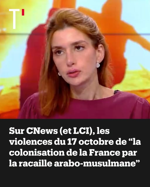 Mapi421's tweet photo. Sur CNews (et LCI), les violences du 17 octobre de “la colonisation de la France par la racaille arabo-musulmane”
Quatre fake news en deux jours. Pour incriminer “les pillards de culture arabo-musulmane”, CNews n’a pas lésiné. Mais LCI n’était pas en reste pour laisser libre cours à Zemmour, dénoncer “l’immigration non contrôlée”, le laxisme de la répression.