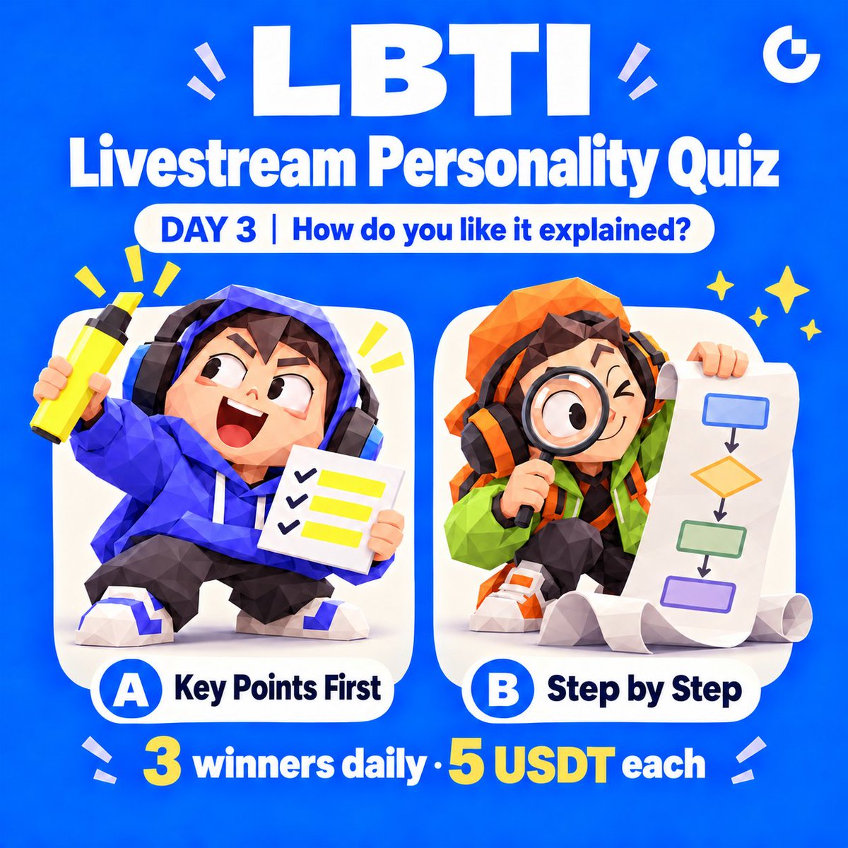 Gate__Live's tweet photo. 🎁 3 winners daily, 5 USDT each. Final question
Gate Live LBTI | Day 3
The host breaks down the market. What do you want first?

A | Key points first: “Tell me what to watch next.”
B | Step by step: “Wait—how did you get there?”

Follow @Gate__Live @Gate_Livezh, repost & reply A/B.
Played all 3 days? Drop your full code, like ABB.

Little G: Some want the summary. Others want the host’s entire notebook. 📒
#GateLiveType