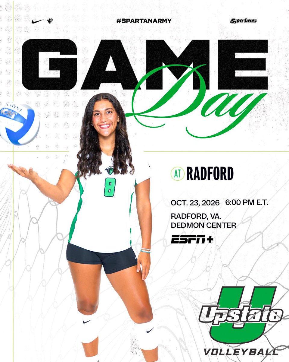 UpstateVB's tweet photo. It’s Match Day!

🆚 | USC Upstate at Radford
⏰ | 6:00 PM
🏟️ | Radford, Va.
📊 | https://t.co/BT7uO9wfp5
📺 | https://t.co/L0kAdx57LK

#SpartanArmy⚔️ https://t.co/QO6W27hTAA