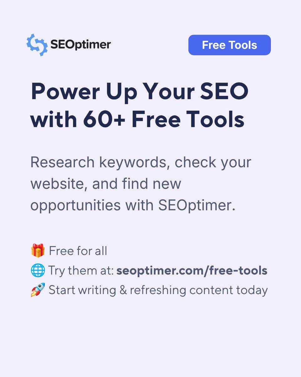 seoptimer's tweet photo. Ready to try them yourself?

Explore these four tools alongside SEOptimer’s collection of 60+ free SEO tools for keyword research, website checks, and more. 🚀

Bookmark your favourites 👇
https://t.co/eyTzVmwKB8 https://t.co/YQHGbvROHp