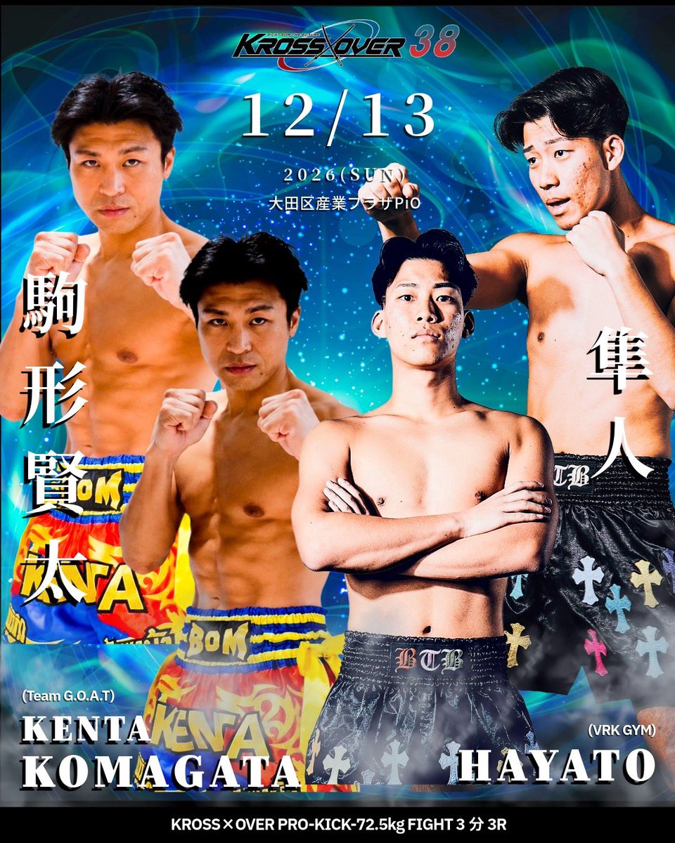 KrossoverF's tweet photo. 【12.13 KROSS×OVER.38 大田区産業プラザ大会】
💥対戦決定カード💥

▼KROSS×OVER PRO-KICK-72.5kg FIGHT 3分3R 
🟥實方拓海（TSK japan）
🆚
🟦藤虎（フリー）

 数々のベルトを獲得し、4冠を達成。RISEでタイトルマッチも経験した超実力者・實方拓海が参戦！

強豪たちと渡り合ってきた藤虎が、實方拓海との対戦チャンスを掴んだ。このビッグチャンスをものにし、強敵を撃破することができるのか！？

前戦では、實方がオープンフィンガーグローブムエタイルールで勝利を収め、藤虎もKO勝ちを飾っている。

ともに勝利を重ね、再び上昇気流に乗るためにも、絶対に負けられない一戦！

実力者同士が激突する大注目のカード、KO決着必至の熱い戦いが決定した！
▼KROSS×OVER PRO-KICK-72.5kg FIGHT 3分3R 
🟥駒形 賢太（Team G.O.A.T）
🆚
🟦隼人（VRK GYM）

-72.5kg契約で激突する駒形賢太と隼人！
互いの意地とプライドがぶつかり合う注目の一戦。中量級ならではのスピードとパワーを兼ね備えた攻防が期待される。
勝負を決めるのは一瞬の隙か、それとも3Rを通じた激しい攻防か。
一撃で試合の流れが変わる緊張感の中、最後に勝利を掴むのは駒形か、隼人か。　

▼KROSS×OVER PRO-KICK FEATHERWEIGHT（-57.5kg）FIGHT 3分3R
🟥河野 舜太郎（クボジム）
🆚
🟦山崎 準平（FIELD RING)

フェザー級の舞台で激突する河野舜太郎と山崎準平！
スピードとテクニックに加え、一瞬の攻防が勝敗を左右する-57.5kgの注目カード。
互いに主導権を譲らない緊迫した展開が予想される中、的確な攻撃で試合を支配するのはどちらか。
激しい打撃戦の末に勝利を掴むのは河野か、それとも山崎か。
両者の意地がぶつかるフェザー級対決に注目！

▼KROSS×OVER PRO-MUAY THAI -62.5kg FIGHT 3分3R
🟥齋藤 守（フリー）
🆚
🟦浪岡 浩之（T-Pleasure）

KROSS×OVERムエタイルールで齋藤守vs浪岡浩之が決定！OFGキックルールで清水和也に善戦も敗戦、齋藤守は数年ぶりの復帰戦が決定！
勝利するのはどちらか！？