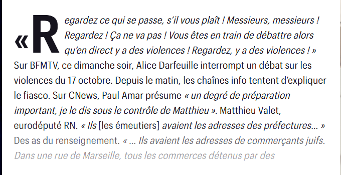 Mapi421's tweet photo. Sur CNews (et LCI), les violences du 17 octobre de “la colonisation de la France par la racaille arabo-musulmane”
Quatre fake news en deux jours. Pour incriminer “les pillards de culture arabo-musulmane”, CNews n’a pas lésiné. Mais LCI n’était pas en reste pour laisser libre cours à Zemmour, dénoncer “l’immigration non contrôlée”, le laxisme de la répression.