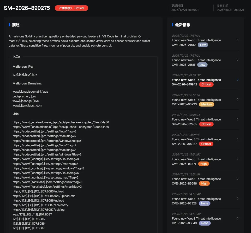 SlowMist_Team's tweet photo. 🚨 Threat Intelligence | Beware: Web3 Interview Questions Conceal a Data-Stealing Backdoor

@SlowMist_Team recently received user reports about a GitHub repository named sol-live, presented as a #Solidity interview practice project. Analysis revealed a hidden download-and-execute command in .vscode/settings.json that can run a remote script when the project's custom terminal configuration is launched.

🔍 The retrieved payload contains three main modules capable of:

🔹 Collecting browser login databases and wallet extension storage, and copying #macOS Keychain files
🔹 Scanning and uploading local files
🔹 Executing remote commands, providing interactive shell access, and monitoring clipboard contents

⚠️ On macOS/Linux, execution requires users to actively launch the malicious terminal configuration. The #Windows execution chain remains unconfirmed due to potential quoting issues.

We also identified 8 other #GitHub projects with similar terminal-based download-and-execute techniques. The analysis does not confirm the actual scope of infection or whether data was exfiltrated.

🛡️ Recommendations:
Review .vscode/settings.json and terminal launch arguments before using untrusted projects. If execution is confirmed or cannot be ruled out, isolate and investigate the affected host, then migrate wallet assets and rotate relevant credentials from a trusted device.

Read the full analysis 👇
https://t.co/lH4J1umLxl