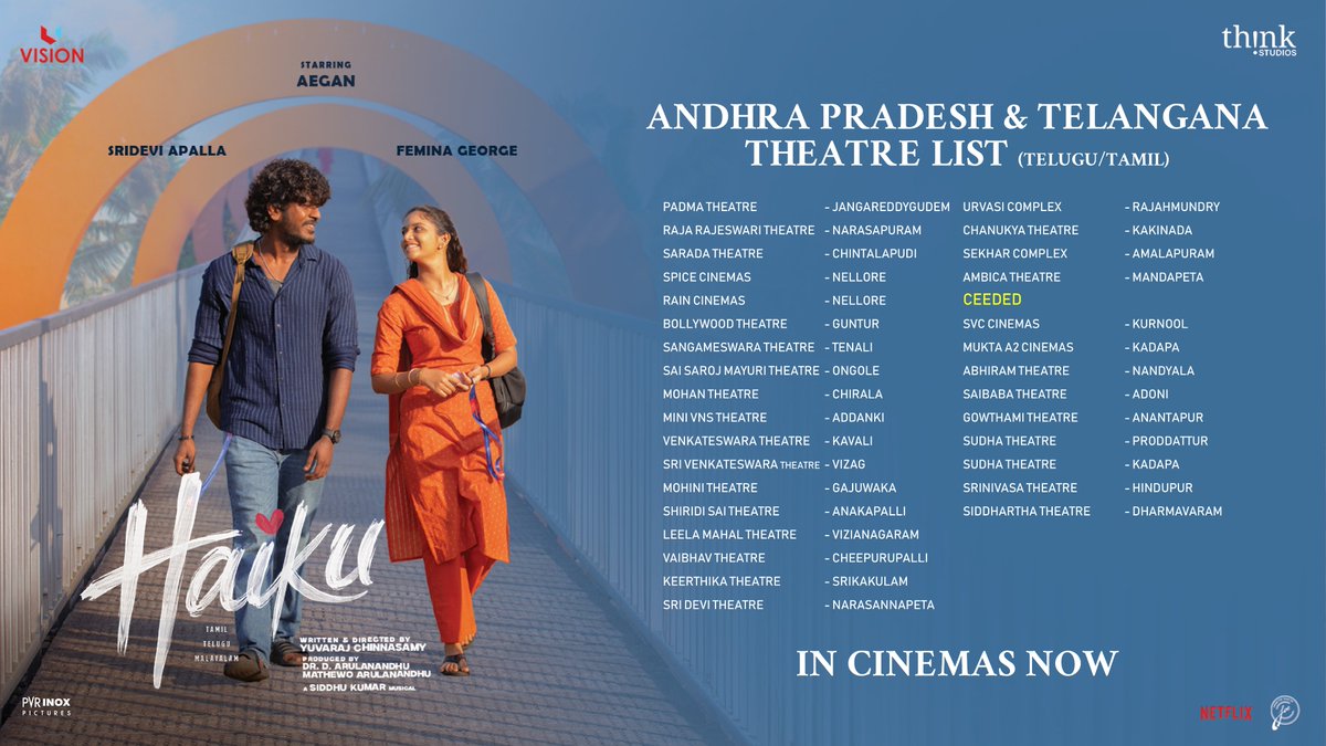 ThinkStudiosInd's tweet photo. All roads lead to love. Meet #Haiku in cinemas Now! ❤️

Get ready to feel every moment on the big-screen ✨ 

Here's the Andhra Pradesh & Telangana theatres list!
Book your tickets at theatres near you 🎟️

Starring: @ActorAegan @SrideviActor
@FeminaGeorge @adhirchi_arun

Written & Directed by #Yuvaraj_Chinnaswamy

A @Music_Siddhu Musical

Dop: @priyesh_3190

OTT Partner: @NetflixIndia

Andhra, Telangana and North India theatrical release in Tamil & Telugu: @ThinkStudiosInd 

@sureshchandraa @abdulNassaroffl
@donechannel1 @beyondmediapres @arulanandhu_d @KvMothi @Decoffl_