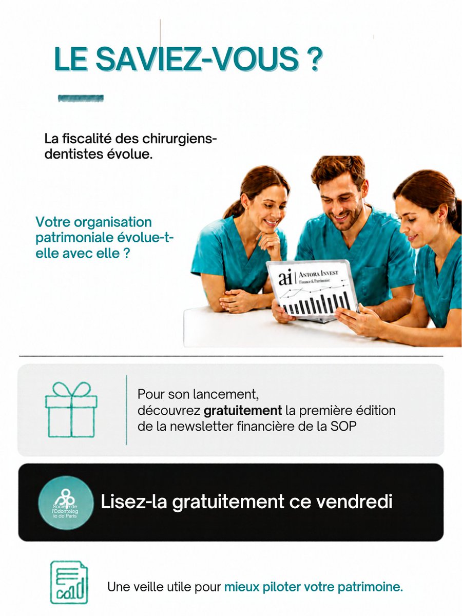 SOP_asso's tweet photo. 📑💶💺Newsletter financière et patrimoniale SOP / Antora
💻📱 https://t.co/ghXxNvyc3U
🆕 Nouveauté tous les vendredis !
#chirurgiendentiste #formationdentiste #gestion #optimisation #DentisteLibéral #patrimoine #BNC #SEL #holding #SOP https://t.co/EsfVNtVozu