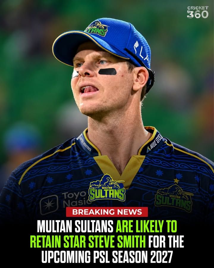 RealCrickets360's tweet photo. 🚨 STEVE SMITH REPORTEDLY IN LINE FOR PSL 12 RETENTION!
Multan Sultans are likely to retain Australian star Steve Smith for the upcoming PSL season. 🏏🔥
#SteveSmith #MultanSultans #PSL12 #HBLPSL #CricketNews https://t.co/NqLGW4YkOK