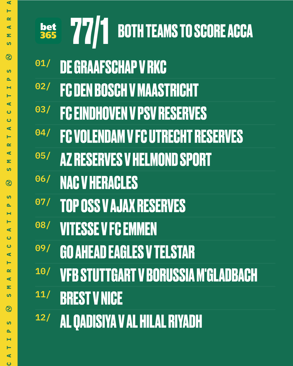 SmartAccaTips's tweet photo. ⚽️ 77/1 BOTH TEAMS TO SCORE MEGA ACCA!

💚 Load bet here: https://t.co/CfusfwXEVg

18+ GambleAware Ad Registration Required https://t.co/kkA7psh69c