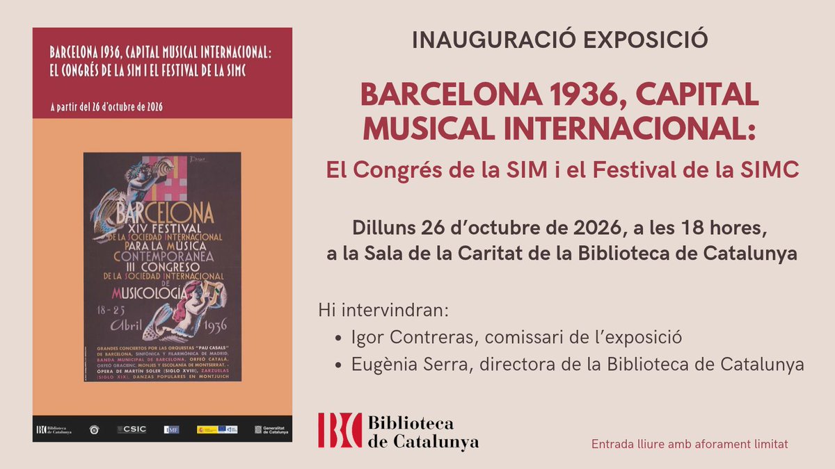 BiblioCatalunya's tweet photo. 👋 Ep! No us perdeu la inauguració de l'exposició "Barcelona 1936, capital musical internacional: El Congrés de la SIM i el Festival de la SIMC".
📅 Dilluns 26 d'octubre, a les 18 h 
📍 Sala de la Caritat de la BC 
👉 Entrada lliure 
📺 I per estríming: https://t.co/pb71UxzvtG https://t.co/a0hQBNLWLr